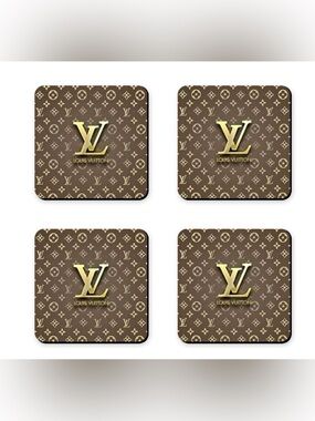 Louis Vuitton LV Logo Brown Gold Fashion Coaster Set - Set of 4 Glossy Coasters